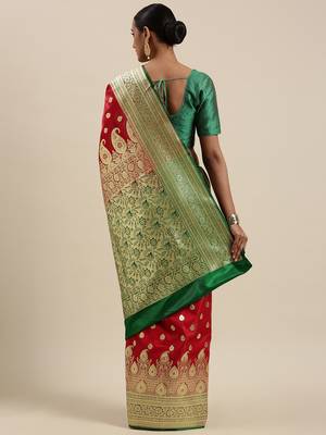 Red woven satin saree with blouse 4