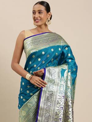 Blue woven satin saree with blouse 1