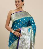 Blue woven satin saree with blouse