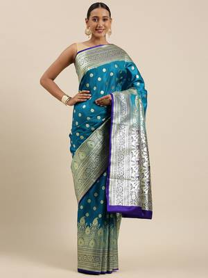 Blue woven satin saree with blouse 2