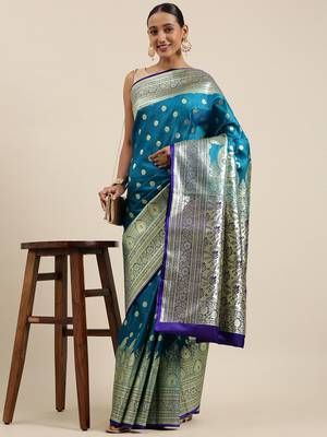 Blue woven satin saree with blouse 3