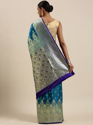Blue woven satin saree with blouse 4