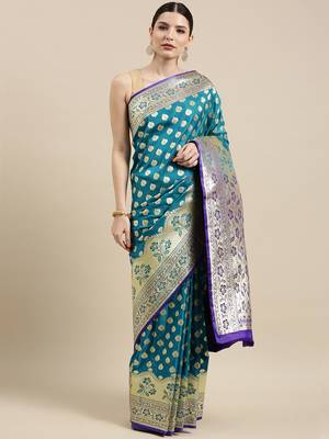 Blue woven satin saree with blouse 1