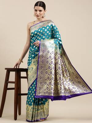 Blue woven satin saree with blouse 2