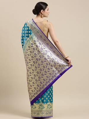 Blue woven satin saree with blouse 3