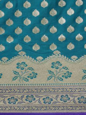 Blue woven satin saree with blouse 4