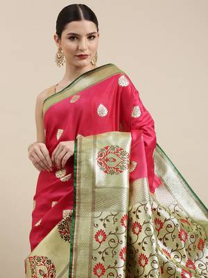 Pink woven satin saree with blouse 1