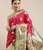 Pink woven satin saree with blouse
