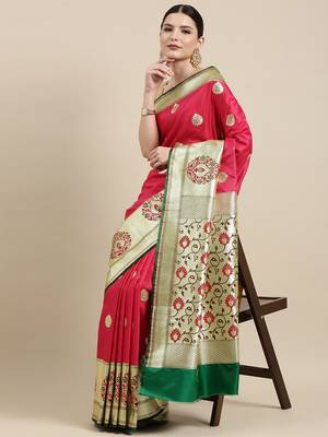 Pink woven satin saree with blouse 2