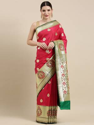 Pink woven satin saree with blouse 3