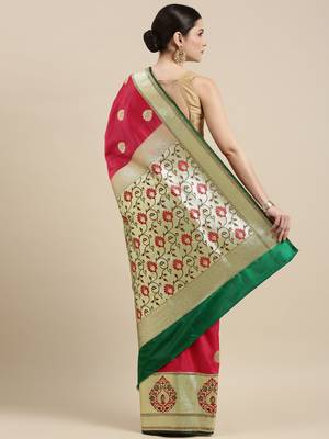 Pink woven satin saree with blouse 4