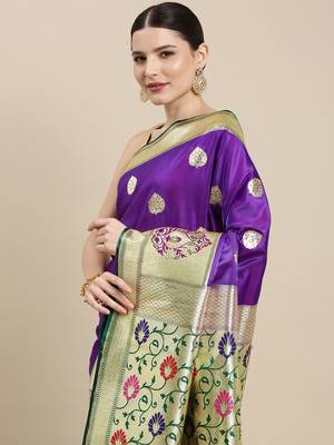 Purple woven satin saree with blouse 1