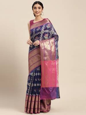 Royal blue woven art silk saree with blouse 4