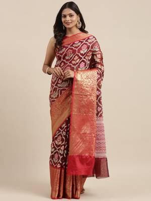 Maroon woven art silk saree with blouse 2