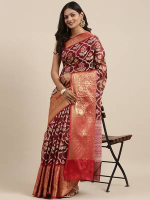 Maroon woven art silk saree with blouse 3