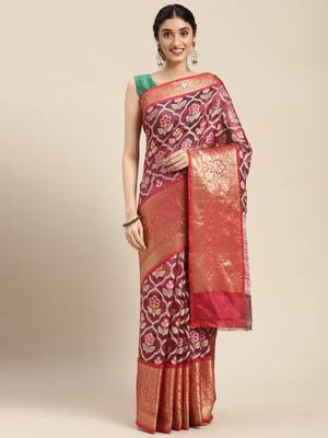 Magenta woven art silk saree with blouse 4
