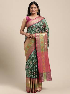 Green woven art silk saree with blouse 1