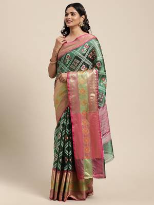 Green woven art silk saree with blouse 3