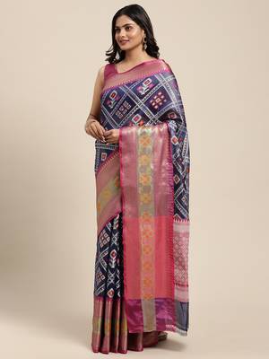 Royal blue woven art silk saree with blouse 3