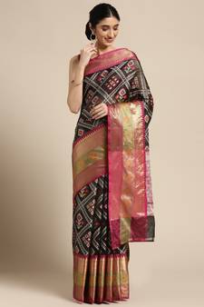 Black woven art silk saree with blouse