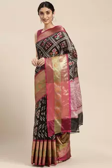 Black woven art silk saree with blouse