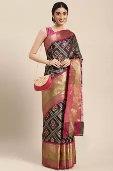 Black woven art silk saree with blouse