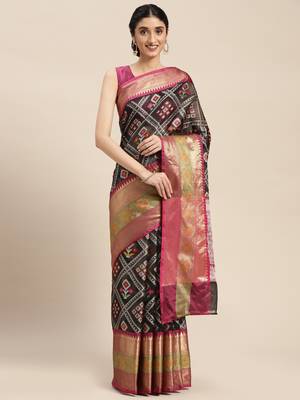 Black woven art silk saree with blouse 4