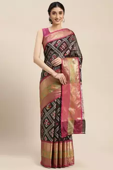 Black woven art silk saree with blouse