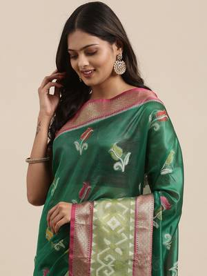 Green woven art silk saree with blouse 1