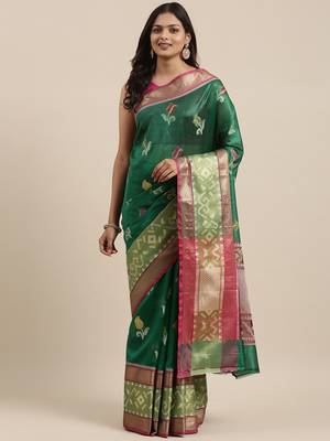 Green woven art silk saree with blouse 2