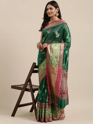 Green woven art silk saree with blouse 3