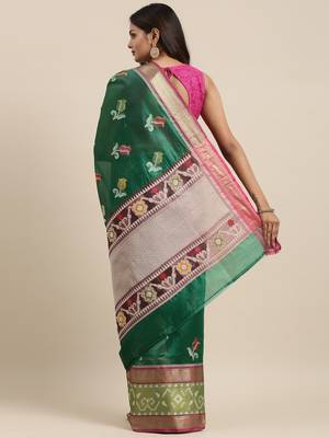 Green woven art silk saree with blouse 4