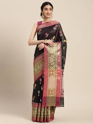 Black woven art silk saree with blouse 1