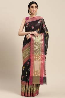 Black woven art silk saree with blouse
