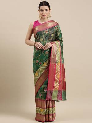 Green woven art silk saree with blouse 2