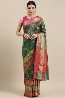 Green woven art silk saree with blouse