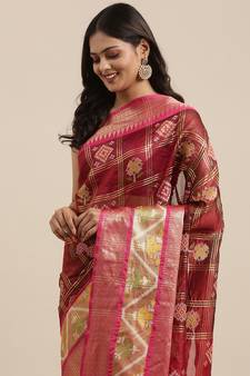 Maroon woven art silk saree with blouse