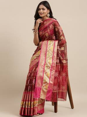 Maroon woven art silk saree with blouse 2