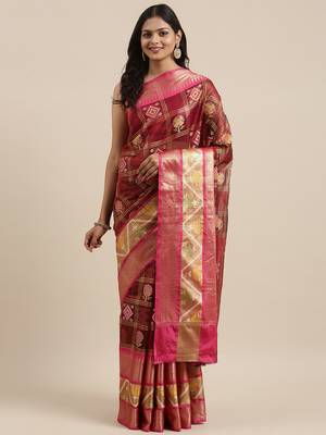 Maroon woven art silk saree with blouse 3