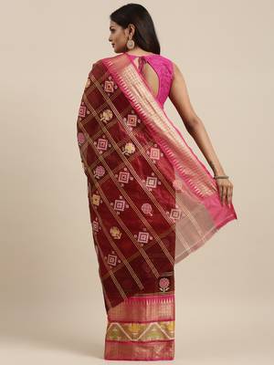 Maroon woven art silk saree with blouse 4