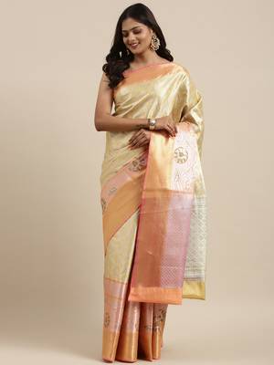 Antique gold woven art silk saree with blouse 2