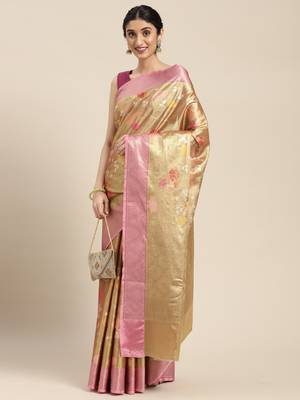 Antique gold woven art silk saree with blouse 4
