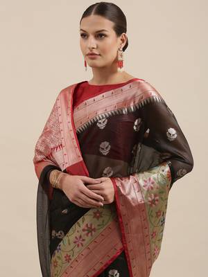 Black woven art silk saree with blouse 1