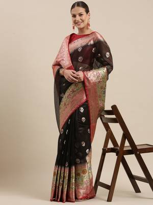Black woven art silk saree with blouse 2