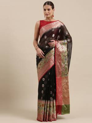 Black woven art silk saree with blouse 3