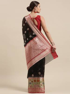 Black woven art silk saree with blouse 4