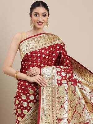 Maroon woven katan silk saree with blouse 1