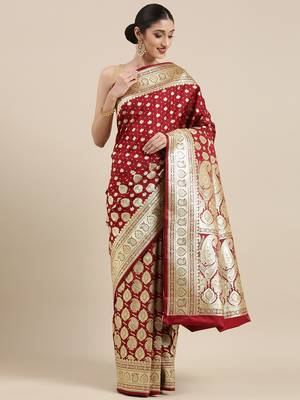 Maroon woven katan silk saree with blouse 2