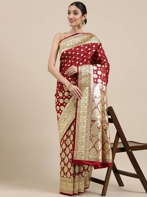 Maroon woven katan silk saree with blouse 3