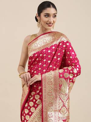 Pink woven katan silk saree with blouse 1